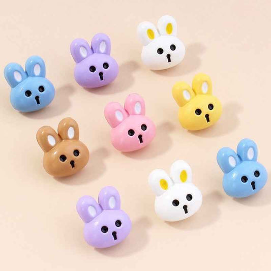 Assorted colorful bunny rabbit resin shank buttons with stitched-look holes, 15mm