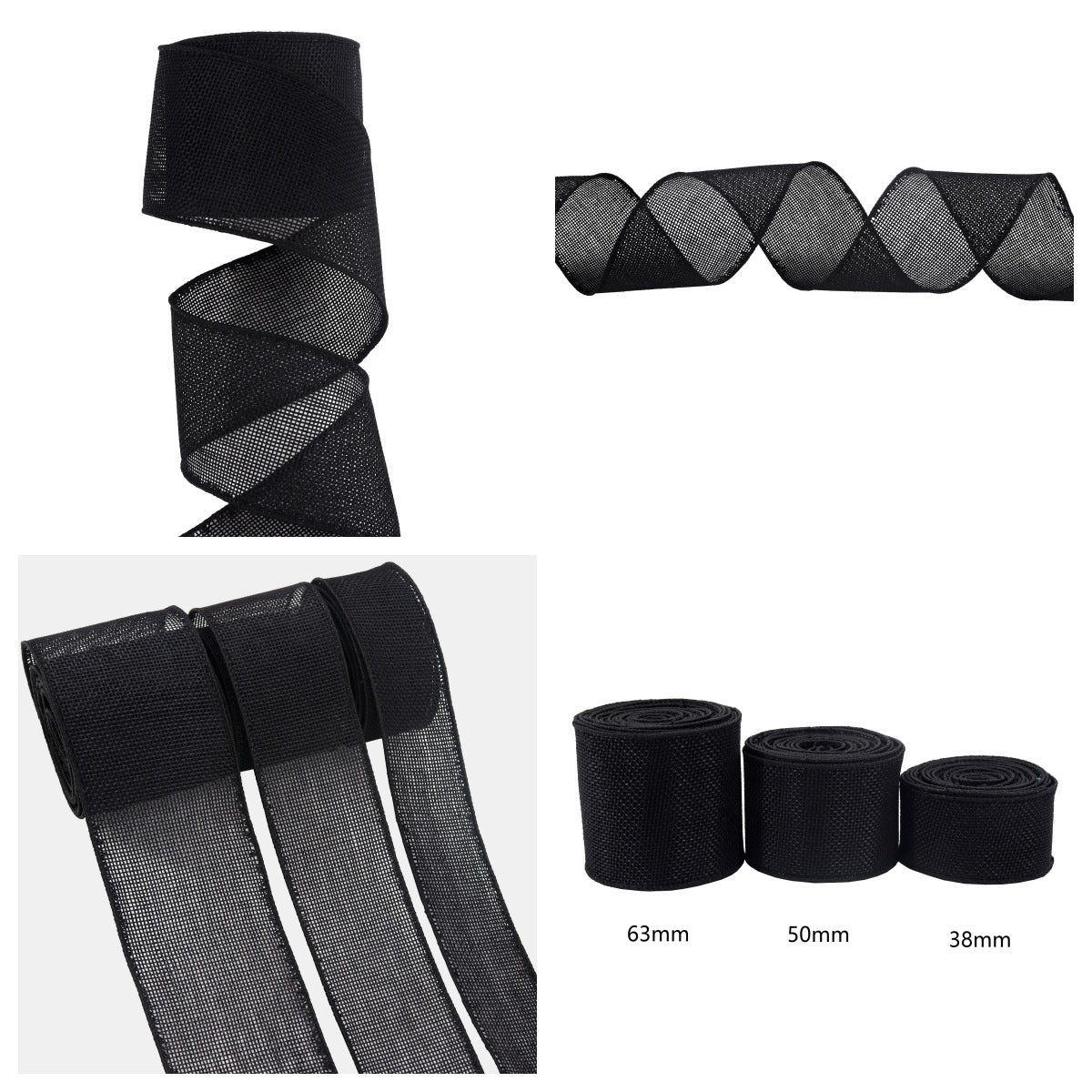 Cinta de algodón para jardinería, pack de 3, negro, rollos 38/50/63 mm