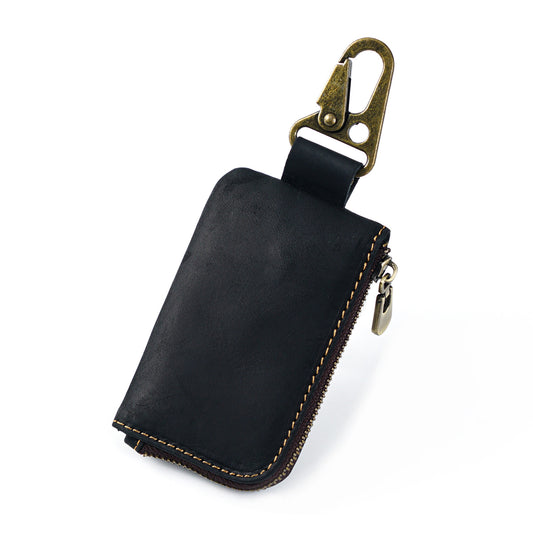 Leather Mini Coin Pouch with Keychain - Men's Belt Clip Zipper Pouch Black