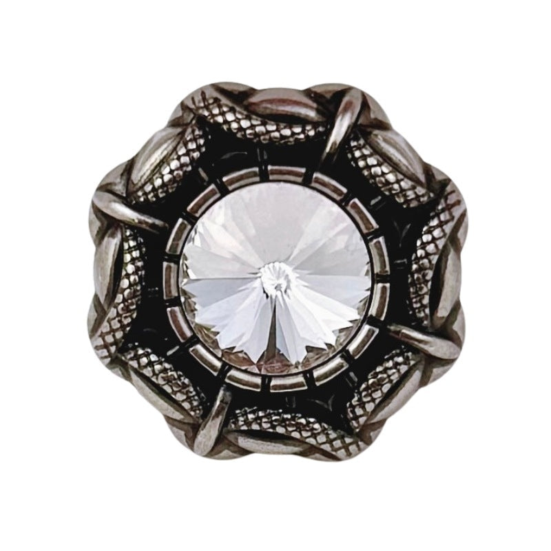 Vintage snake-edge button with white rhinestone center, antique-silver metal shank