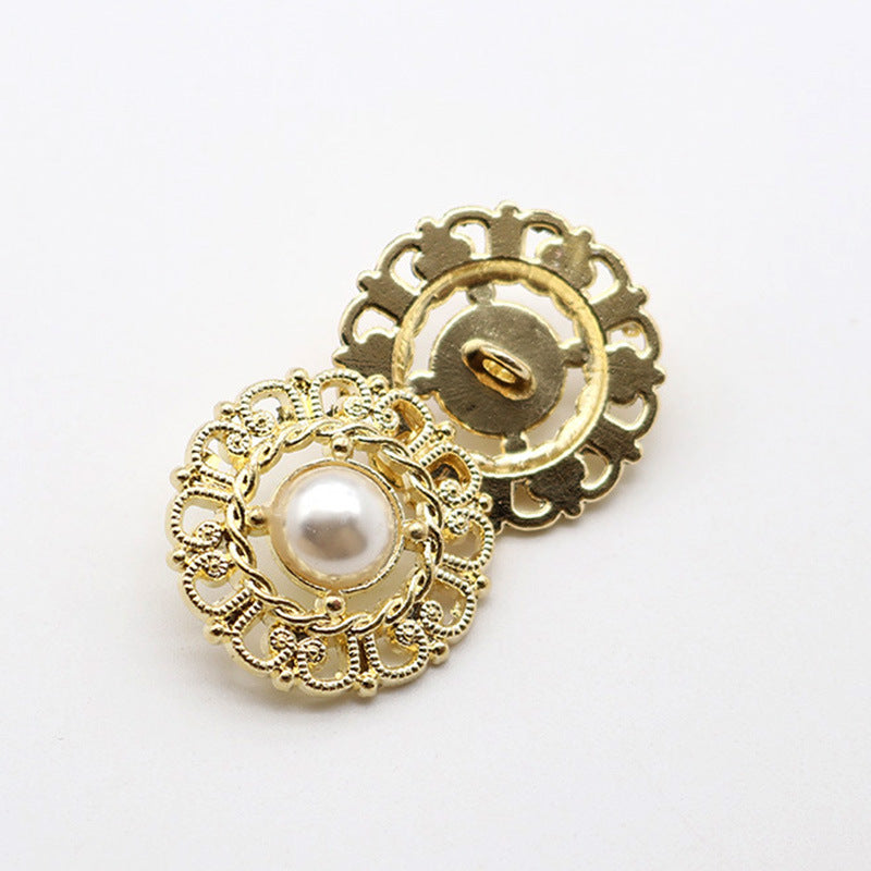 25mm gold round lace pearl metal shank button pair, decorative filigree detail