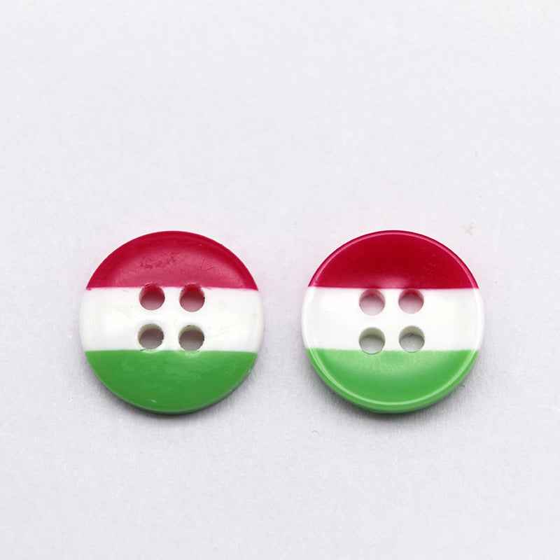 Round resin button with red top, white middle, and green bottom stripes; four holes.