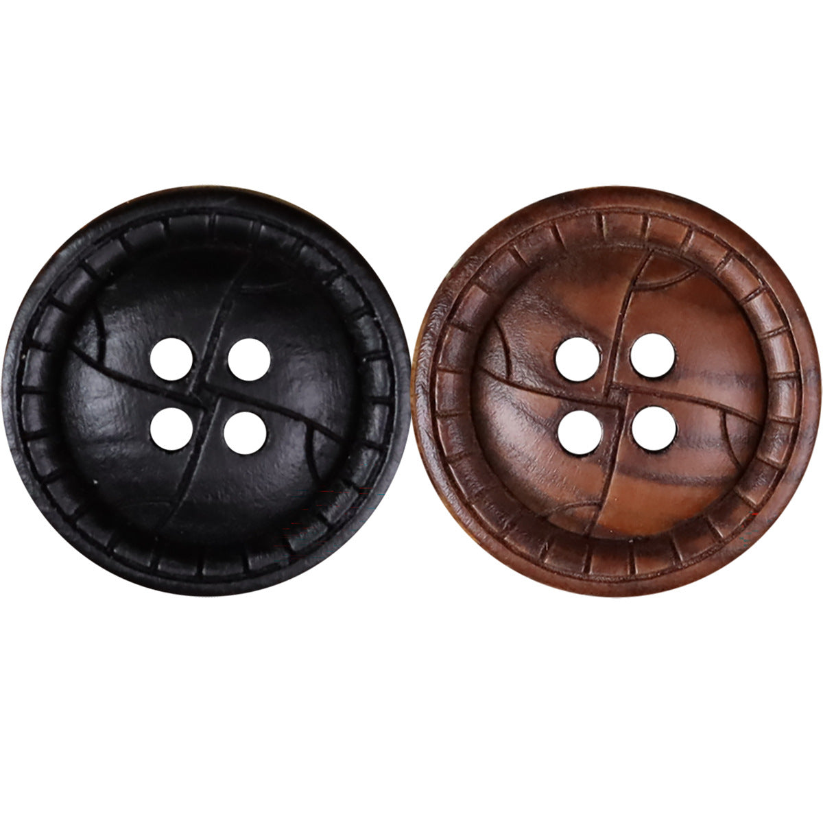 Round 4-hole distressed wood button, black and brown pair