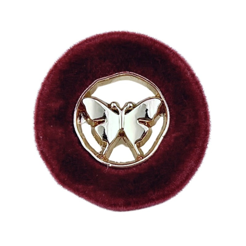 18/23mm gold red butterfly flocked metal button on burgundy velvet back