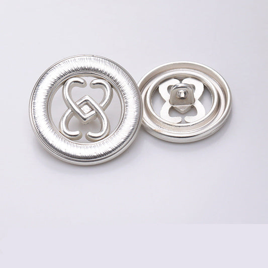 Silver round double-heart hollow cutout metal shank button, front and back view