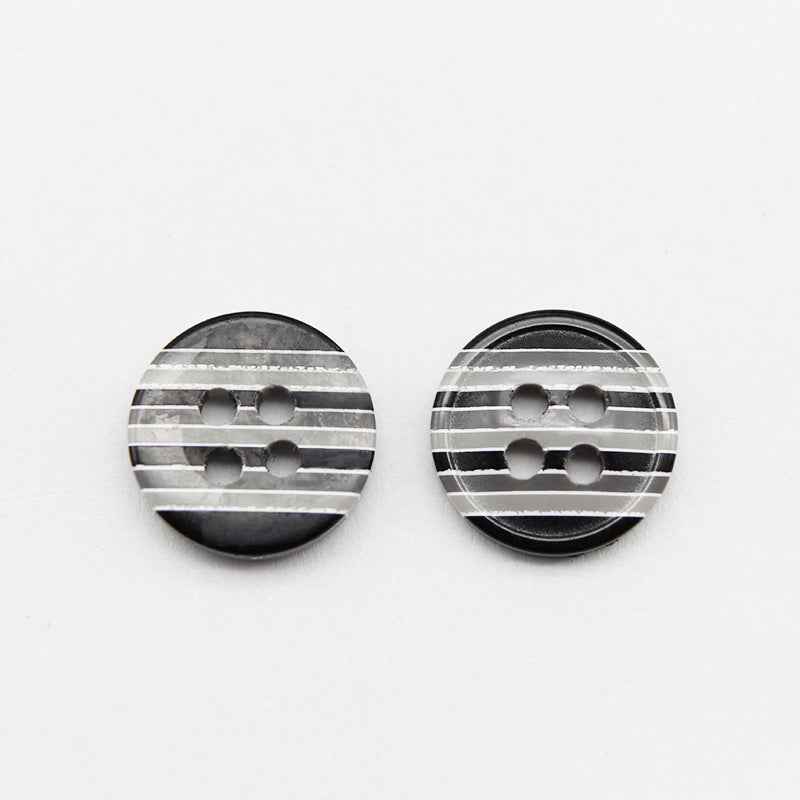 12mm resin buttons, black and grey striped, 4-hole design, pair