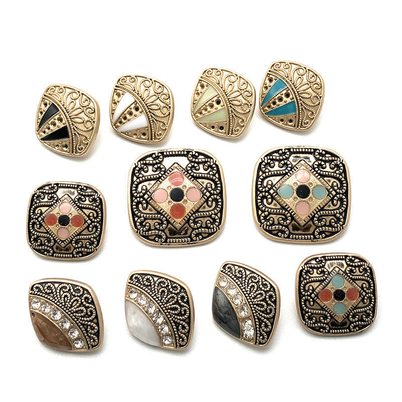 Exotic diamond-inlaid metal shank button set of 10 with ornate bezel designs