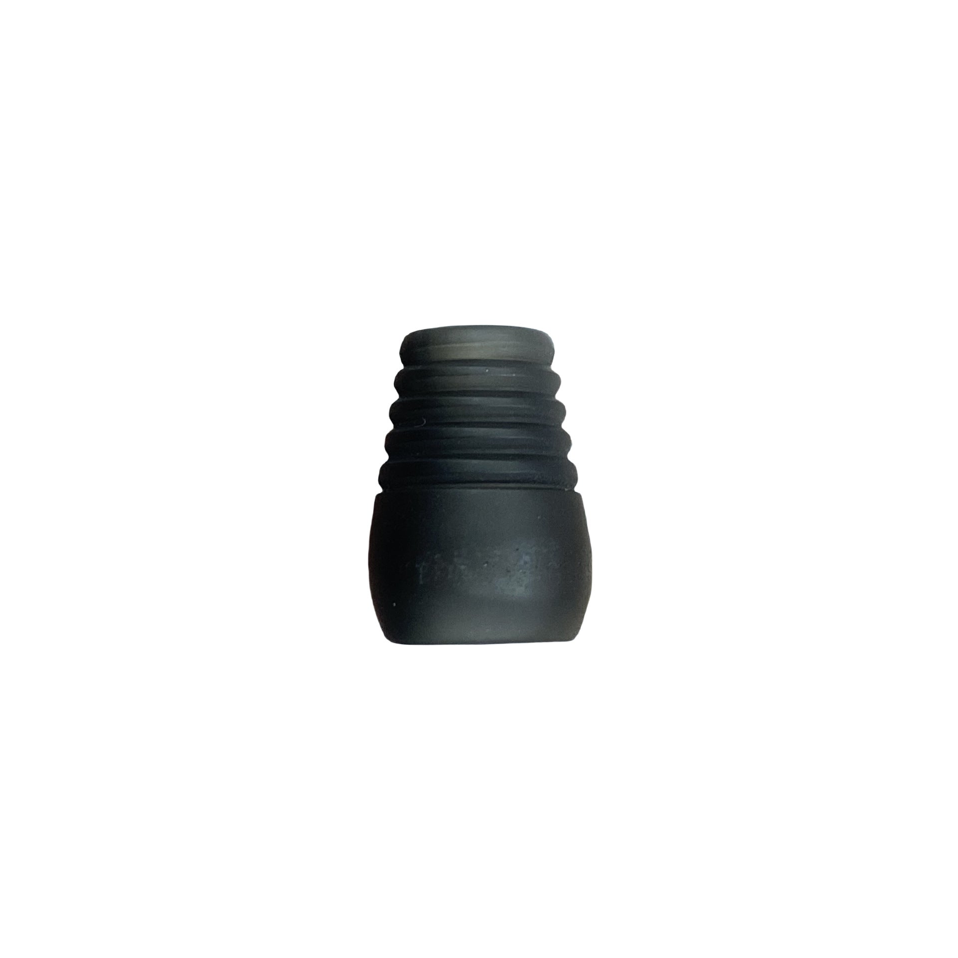 Black resin bell cord end stopper with ribbed top and rounded end opening