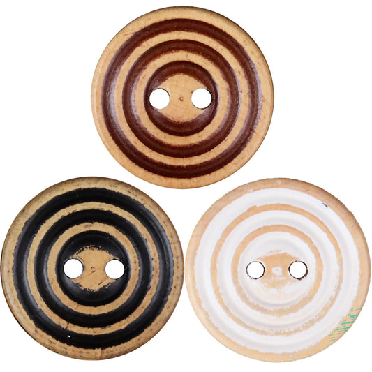 Round 2-hole double-ring wood buttons, brown/black/white (3 pcs)