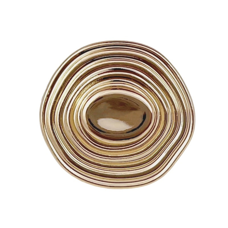 Gold hat-shaped metal button with concentric ridged rings and oval face