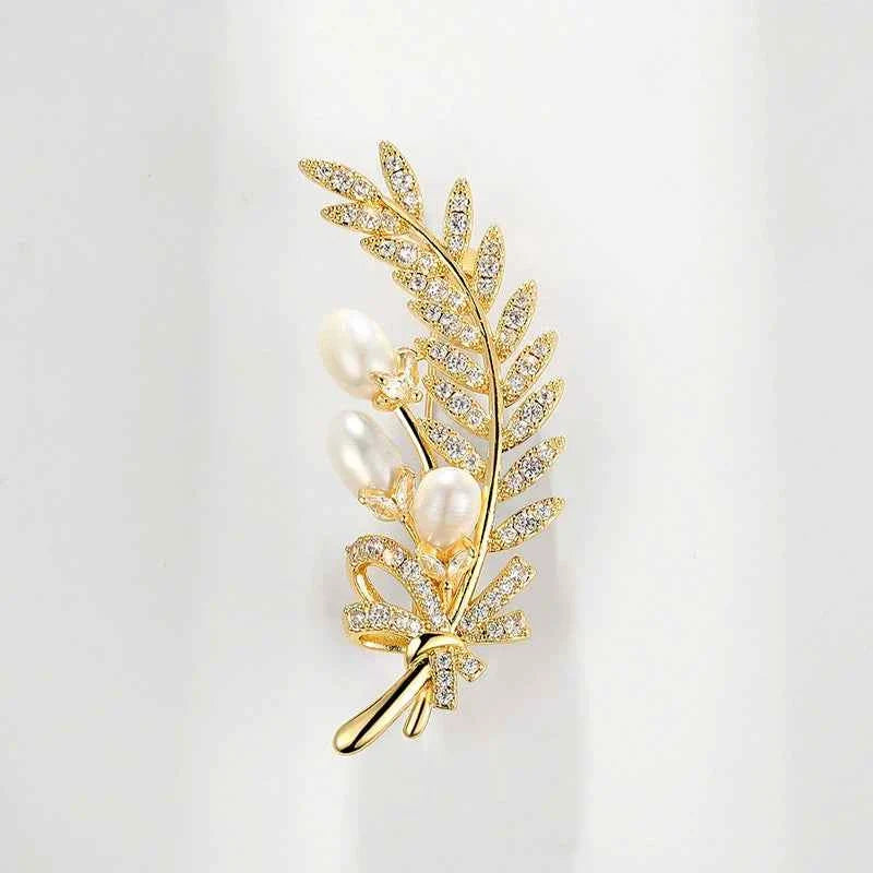 Gold wheat leaf brooch pin with zircon sparkle and natural pearl drop accents