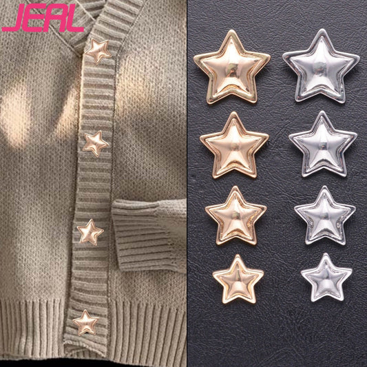 Star-shaped metal shank buttons, gold & silver, on fabric strip; 20-pack