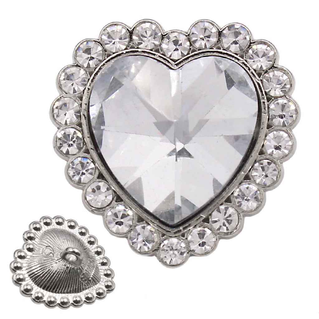 Heart-shaped rhinestone sewing button, clear/white crystal center with silver-toned edge