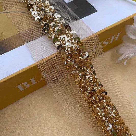 Glamorous 2cm Gold Silver Mesh Beaded Sequin Lace Trim – 5 Yards Gold