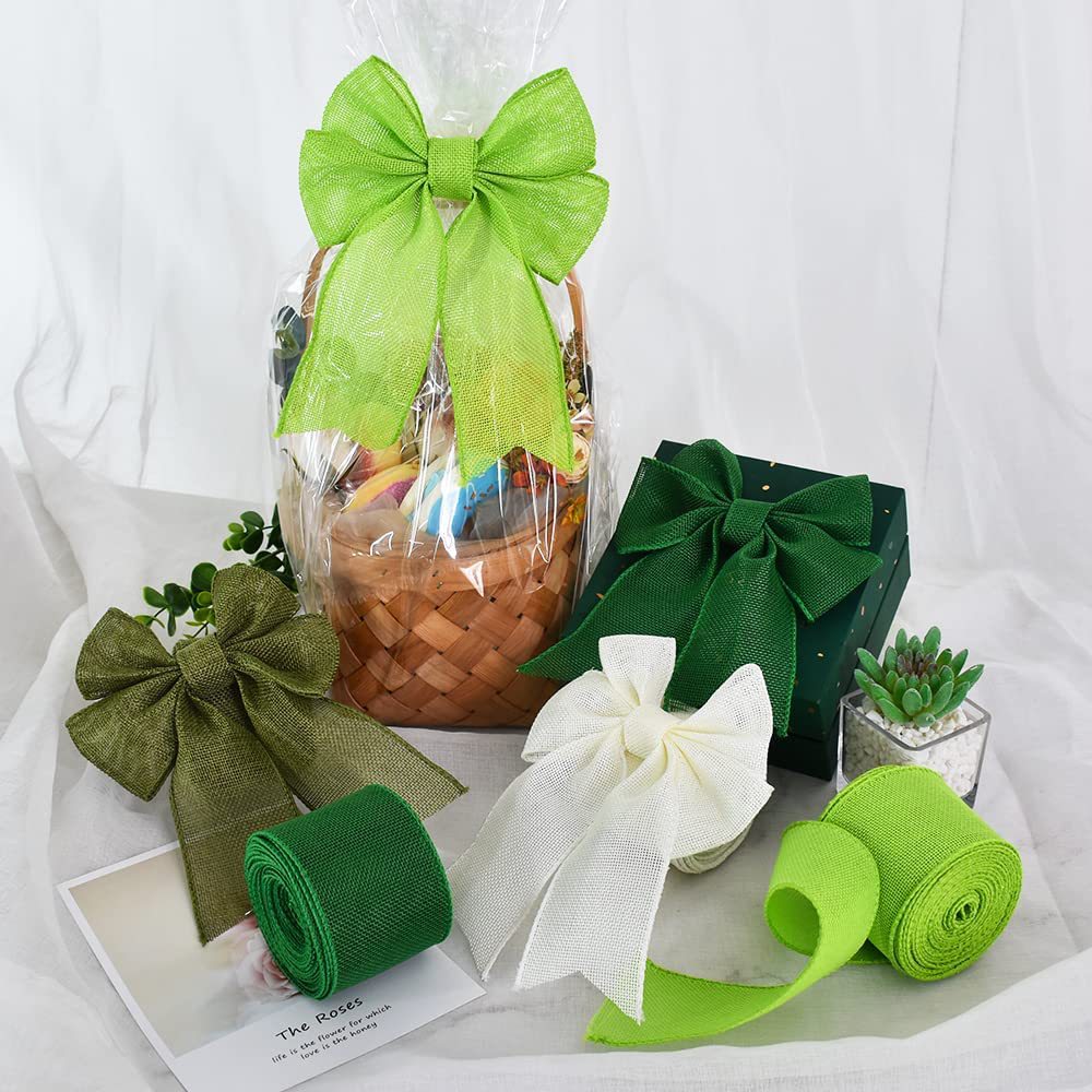 Lime green and dark green cotton ribbon rolls with matching bows for wreath making