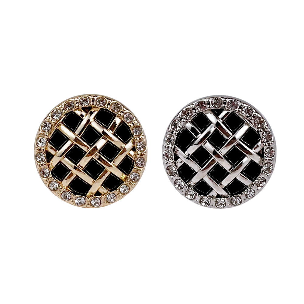 Round metal shank buttons with diamond-style grid, gold and silver tones