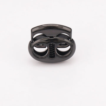 Oval pig nose two-hole metal cord lock, black finish, spring drawstring clasp