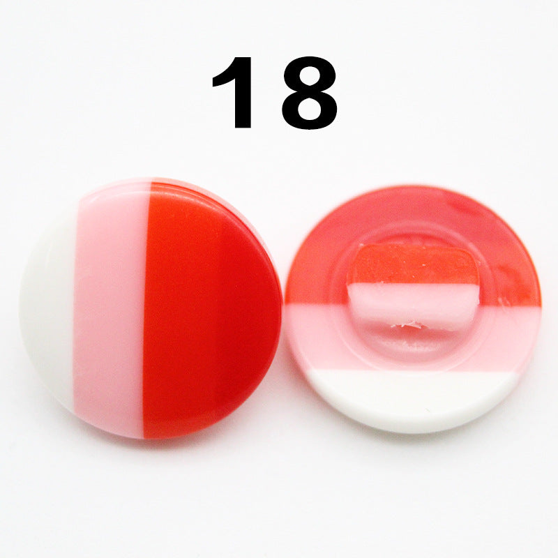 Rainbow striped resin button, pink and red vertical bands, round shank style