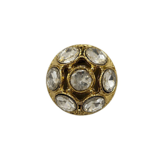 Gold domed metal shank button with clear rhinestone inlaid circles