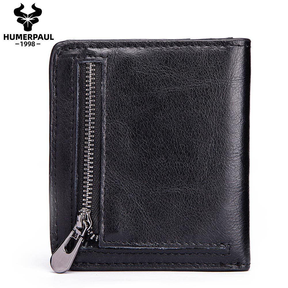Men's Leather Short Wallet Top Grain Cowhide Minimalist Card Holder Black