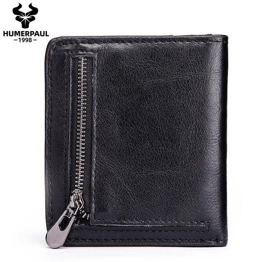 Men's Leather Short Wallet Top Grain Cowhide Minimalist Card Holder Black