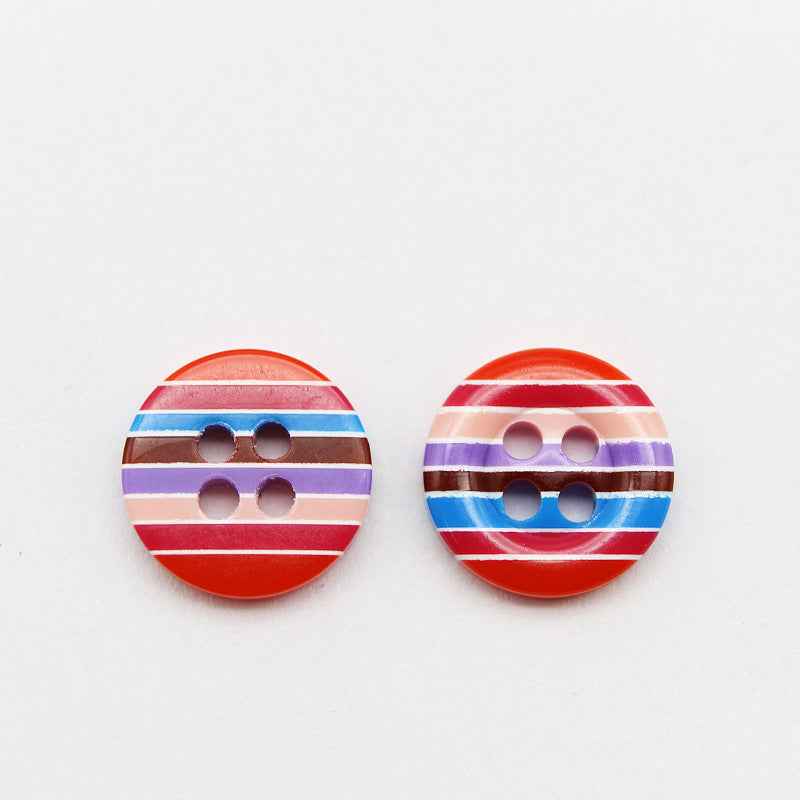 12mm resin buttons, red and blue striped look, 4-hole design, 2 shown
