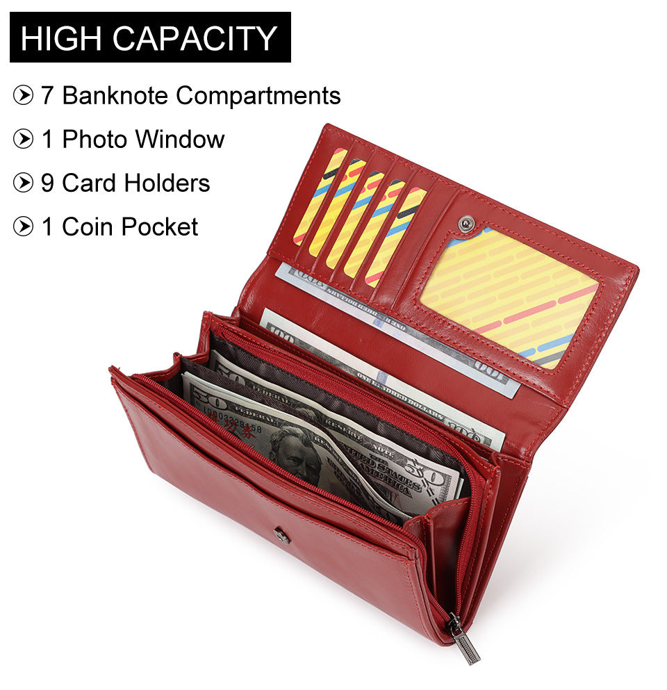 RFID Blocking Genuine Leather Long Clutch Wallet for Women