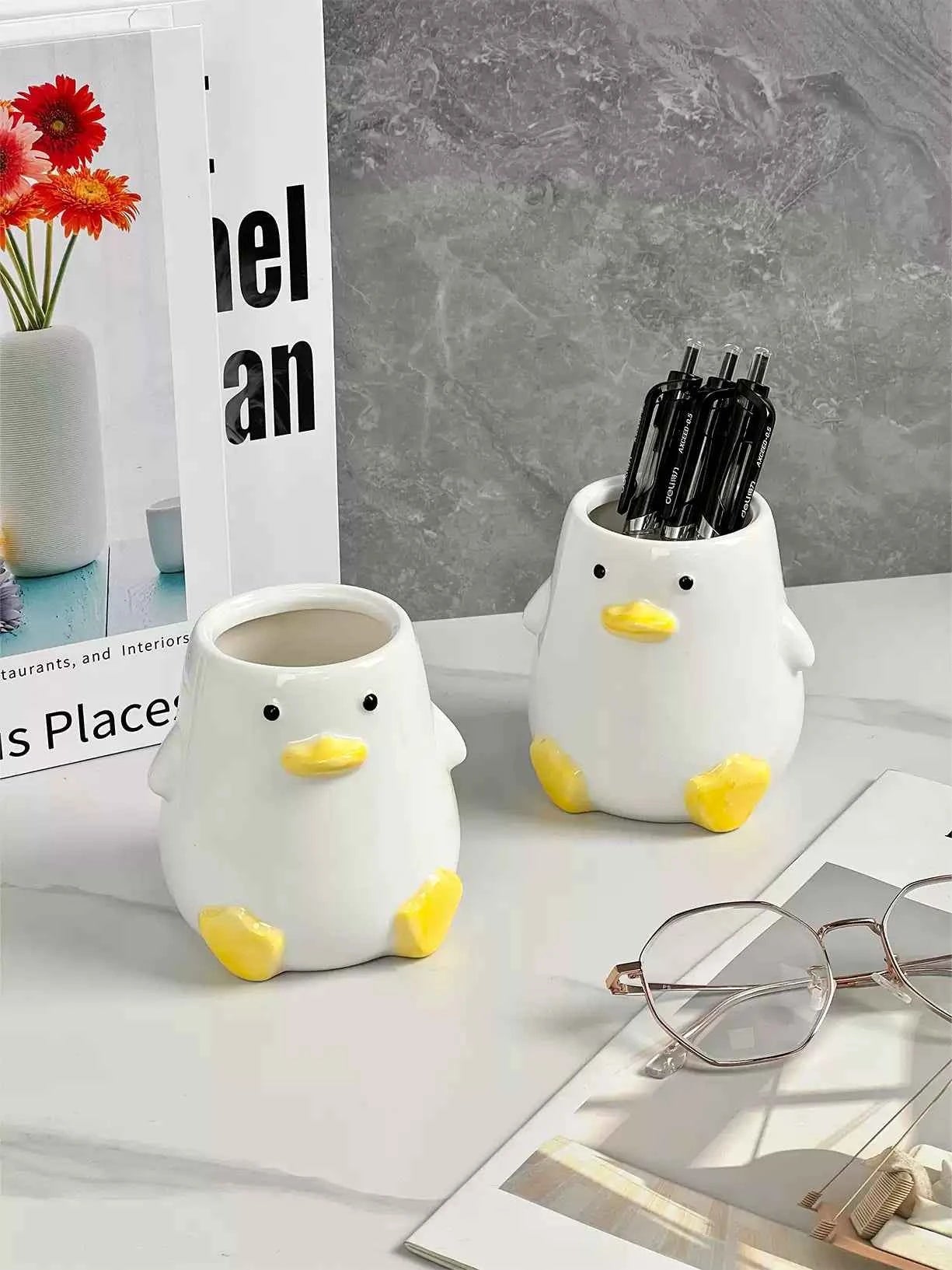 Cute Duck Ceramic Pen Holder Pencil Cup for Kids