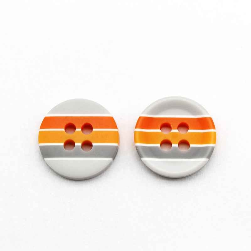 Round resin buttons with orange and white horizontal stripes, four holes