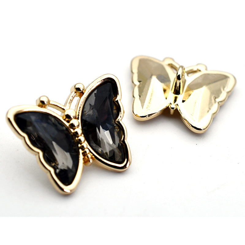 Butterfly crystal glass metal shank buttons, black and smoky gray gems, gold-tone