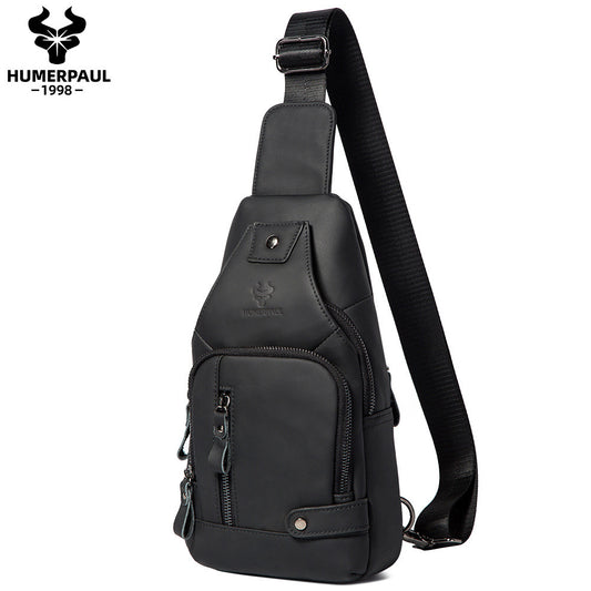 Men's Genuine Leather Chest Bag Full Grain Cowhide Sling Black