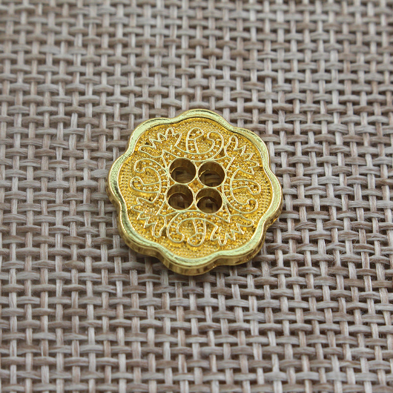 Gold vintage floral 4-hole alloy button, scalloped edge and engraved pattern
