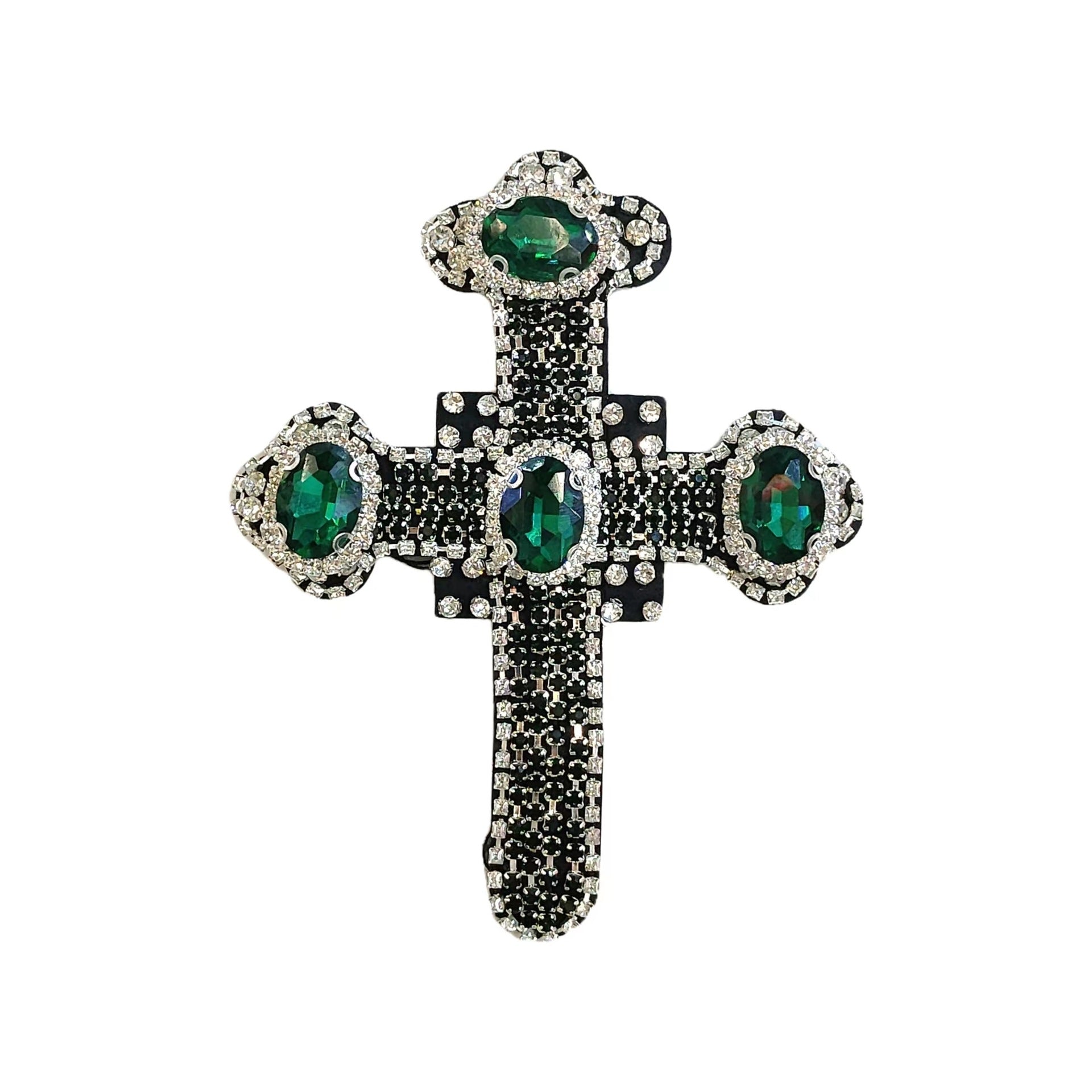 Beaded cross patch with green oval stones and silver bead border on black.
