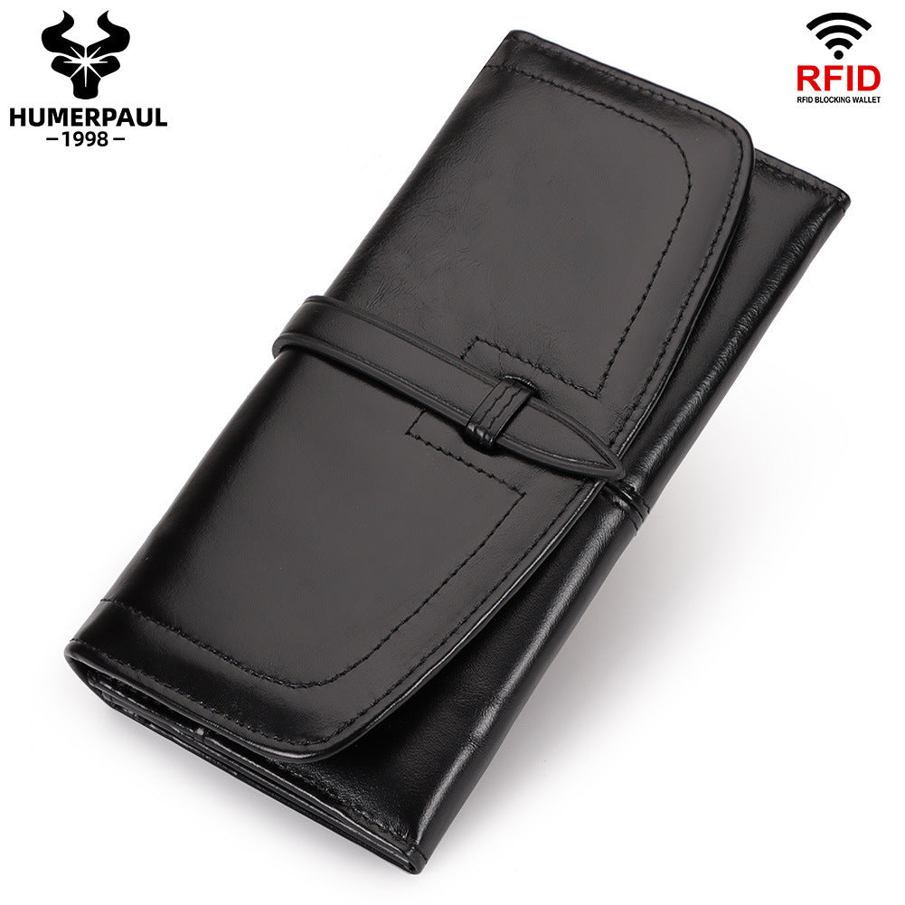 Women's Genuine Leather RFID Wallet – Long Zip Clutch Full Grain Cowhide Black