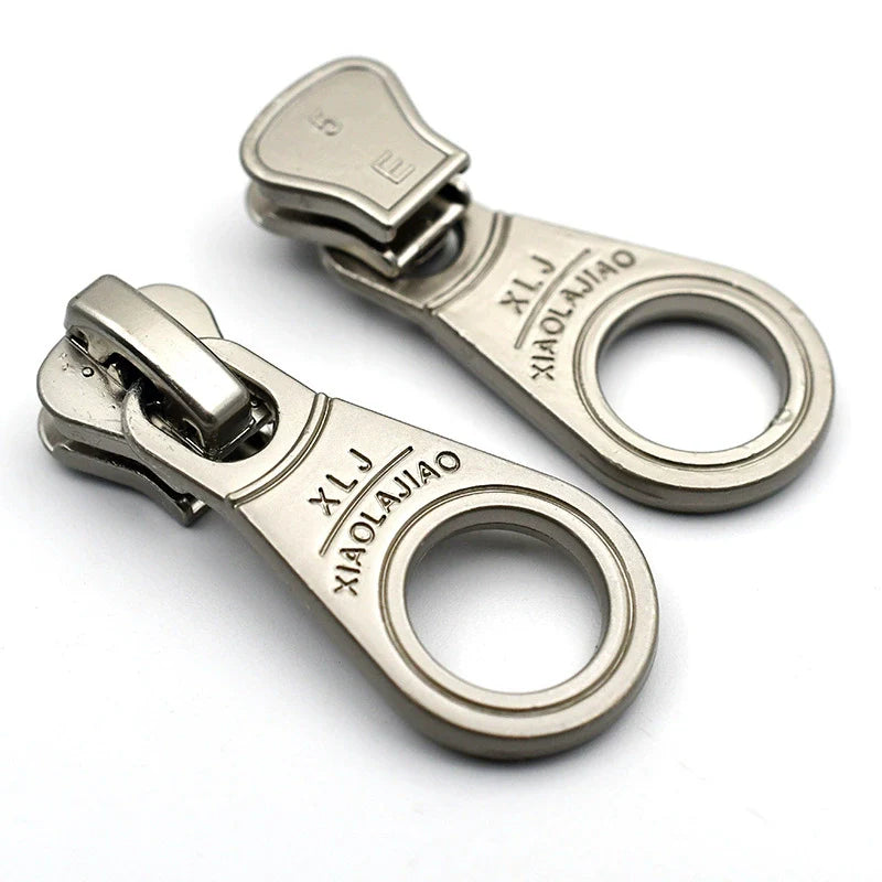 Zipper pull #5, silver-tone loop ring style with engraved markings