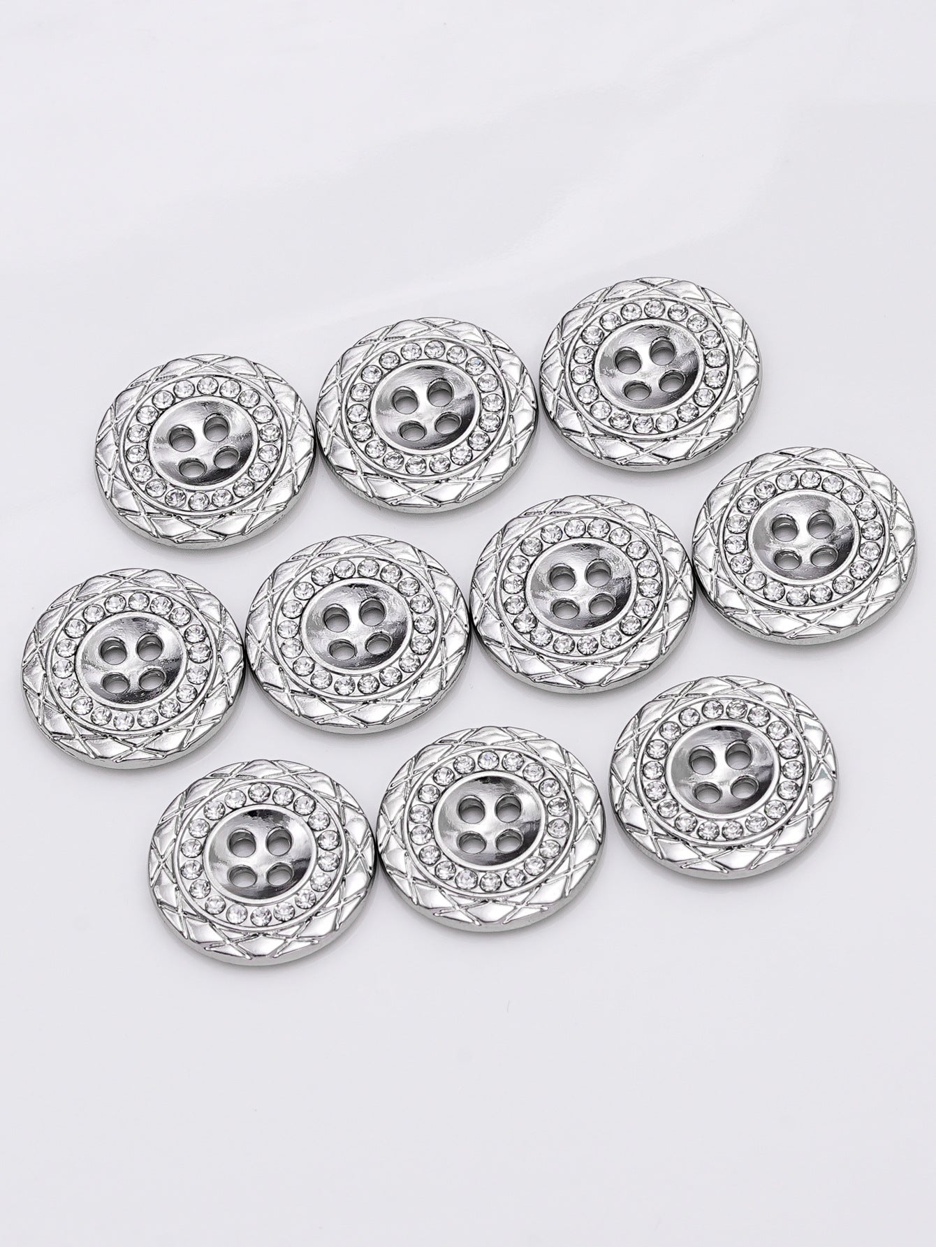 Multiple silver 4-hole rhinestone buttons, round 20mm with jewel border