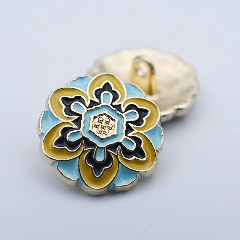 17mm sky blue six-petal flower metal shank button, gold-tone rim