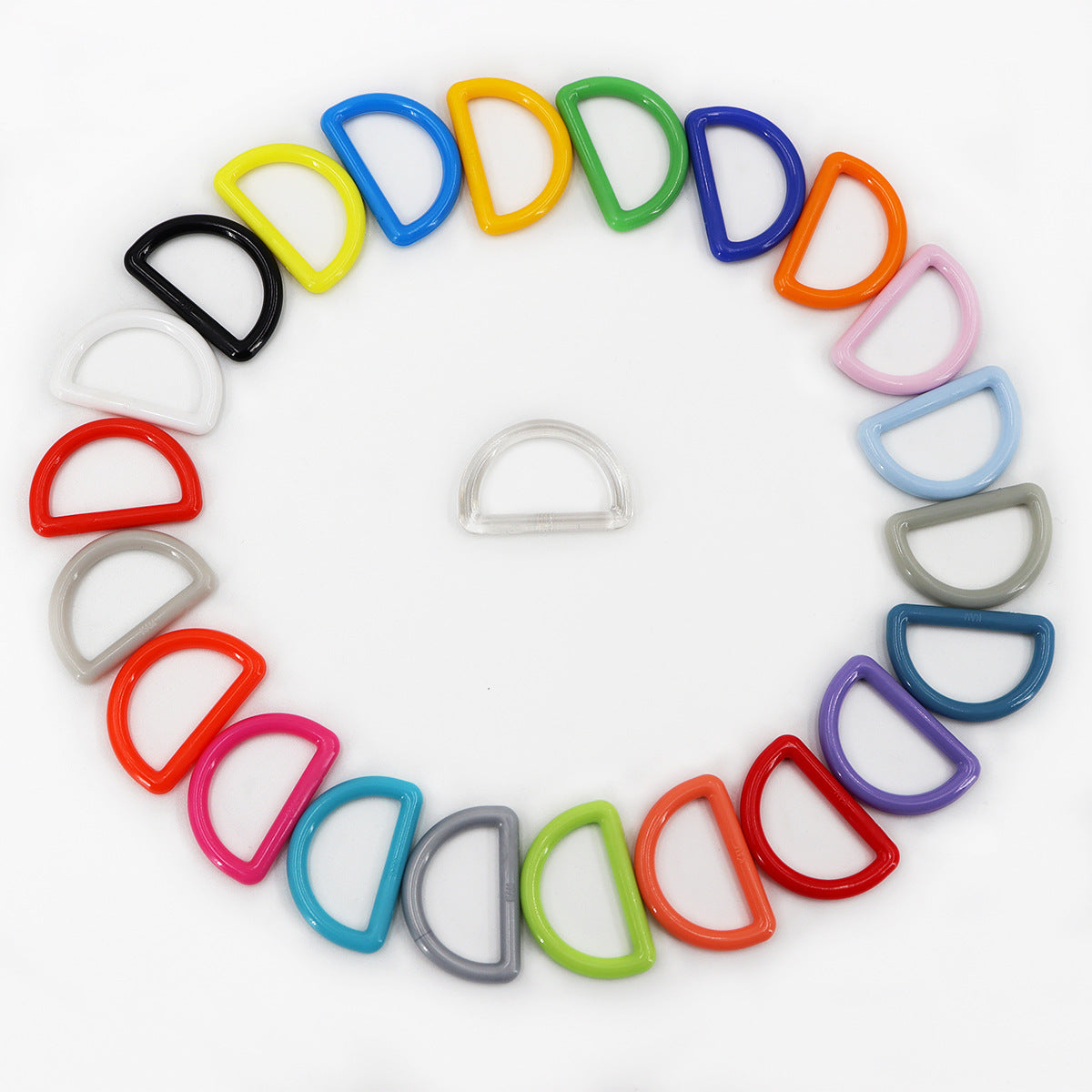 Plastic D-ring buckles arranged in a circle, assorted colors, 1-inch size