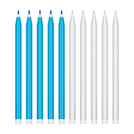 Water-Erasable & Air-Erasable Fabric Marking Pens – 10-Pack (5 White + 5 Blue) | Disappearing Ink Tailor Chalk Pens for Sewing, Quilting & Garment Marking