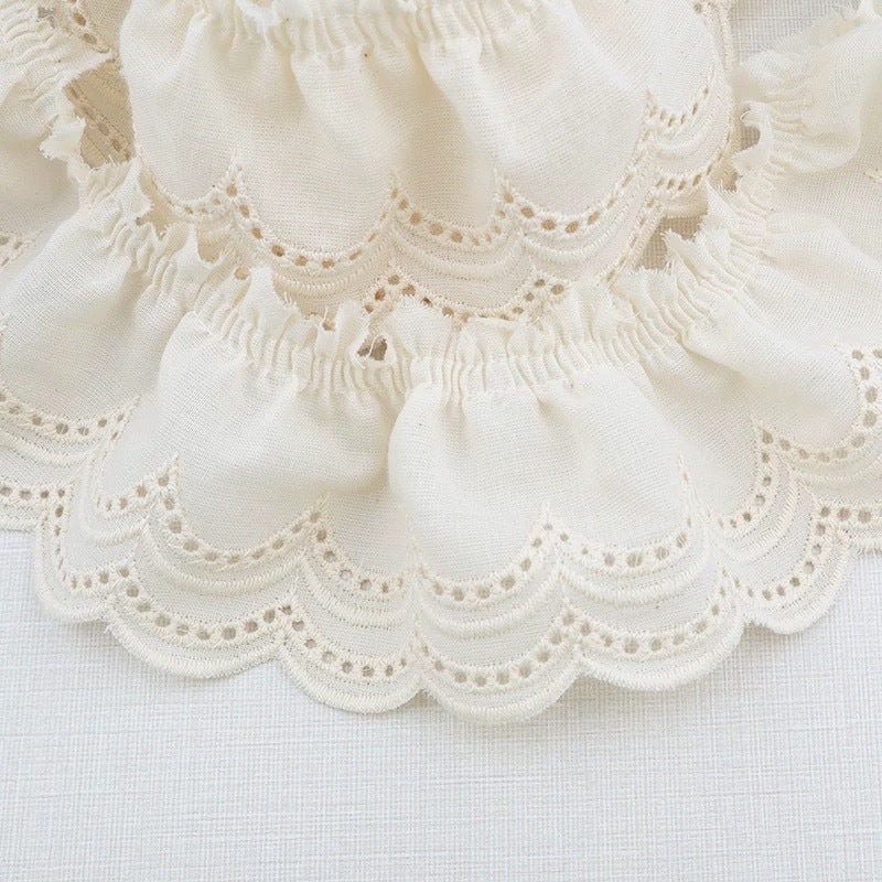 White cotton lace trim with pleated center, scalloped eyelet wave embroidery