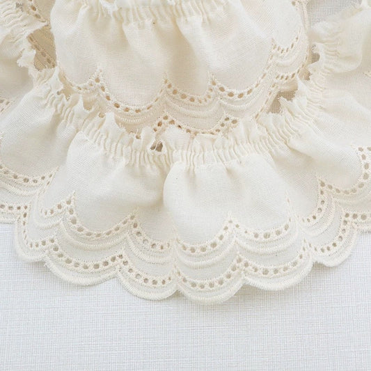 60mm Cotton Embroidered Lace Trim Pleated Double Waves 4 Yards Beige