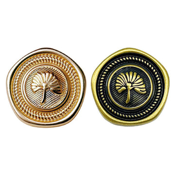 Pentagon vintage apricot leaf metal buttons—gold and bronze, leaf emblem, set of 2