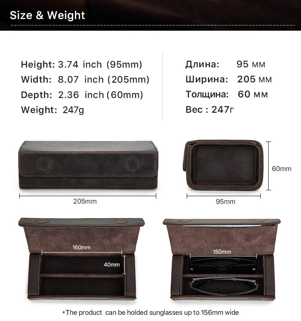 2-Slot Vintage Crazy Horse Leather Glasses Case Eyewear Storage Box