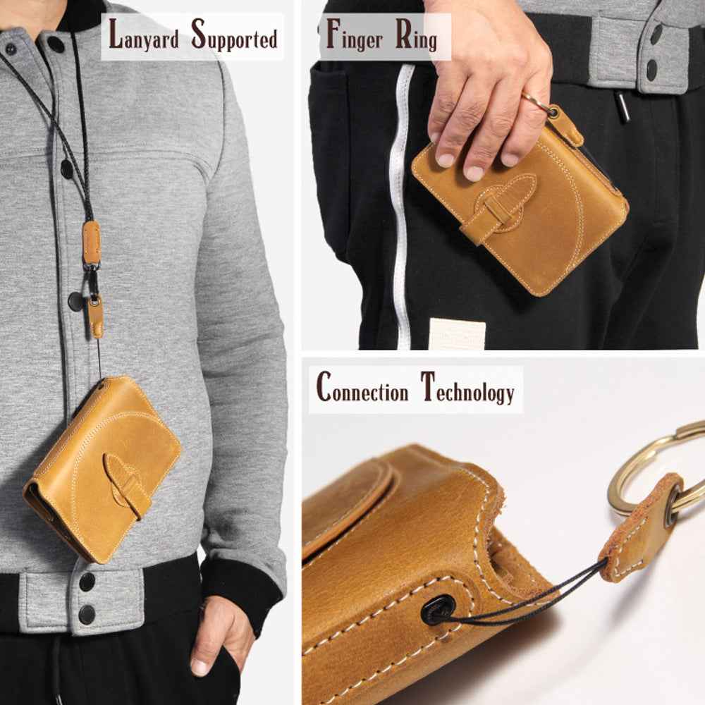 Leather Passport Wallet with AirTag Finger Ring Neck Strap