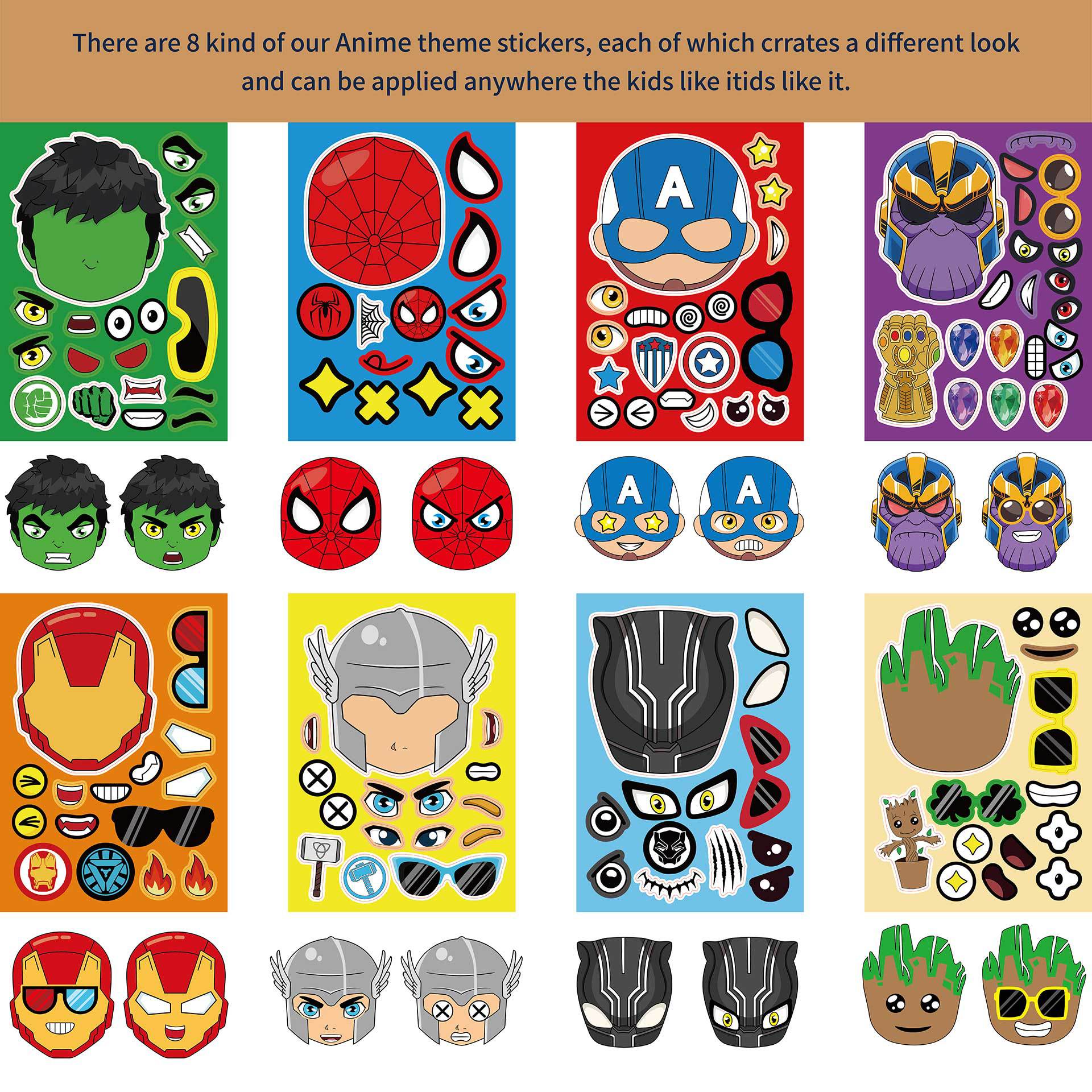 32 Sheets Cartoon Marvel Make a Face DIY Stickers for Kids