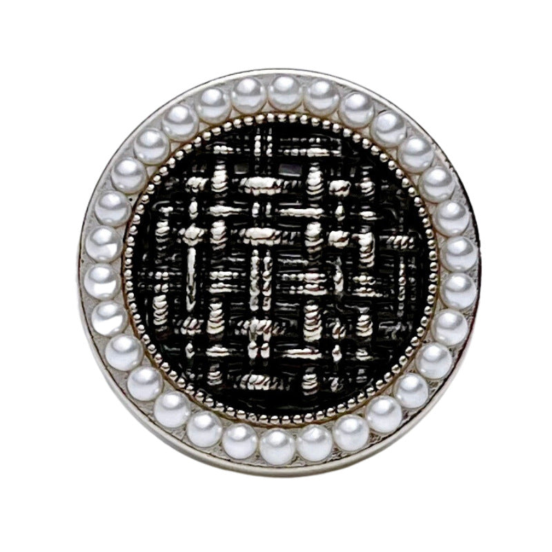 Round pearl-edged tweed check button, black fabric with silver tone metal shank