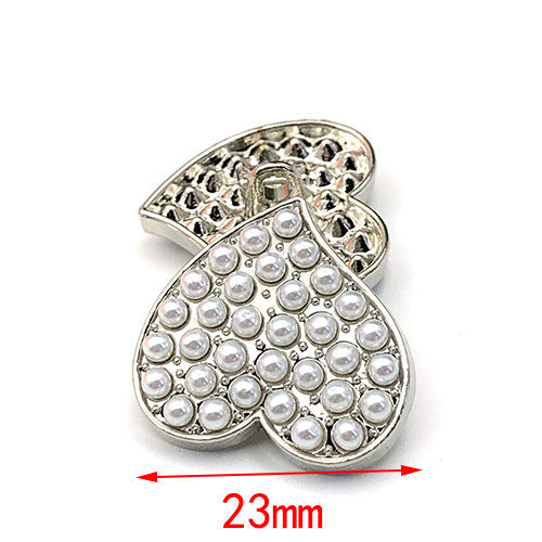 23mm heart-shaped metal shank button with pearl-look studs, silver