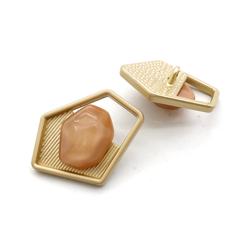Irregular gold metal shank button, Style 13, square frame, peach resin center