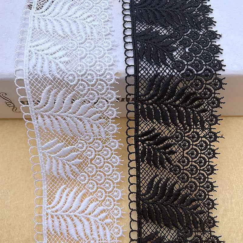 3.7 cm milk silk lace trim in black, embroidered leaf pattern with scalloped edge