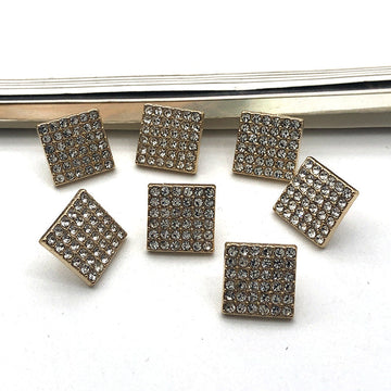 15mm square rhinestone metal shank buttons, gold-tone with clear stones (set of 12)